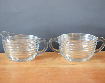Creamer and Sugar Bowl Set | Ribbed Striped Pressed Glass | Tea Party Set | Coffee Dinner Date | Housewarming Present Gift | Anchor Hocking