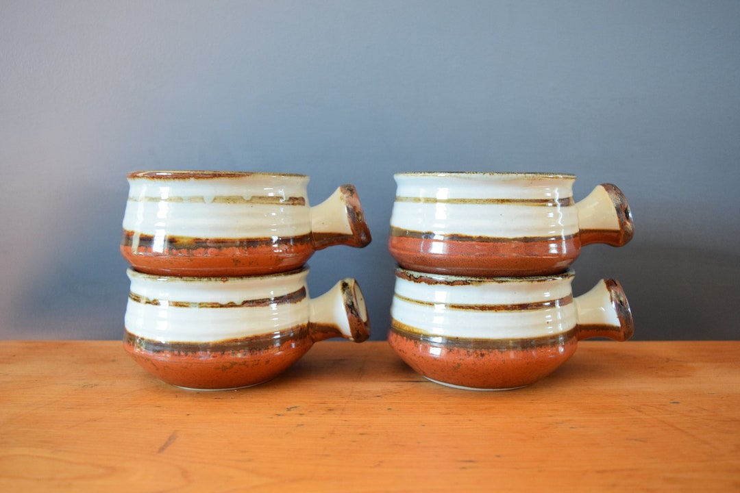 Mid Century Modern Soup Bowls Set of Four MCM Pots Striped Speckled