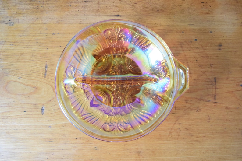 Amber Candy Bowl Slag Carnival Glass Rainbow Divided Serving Dish Collectible Keepsake Mothers Day Gift Present for Him Her Retro image 4