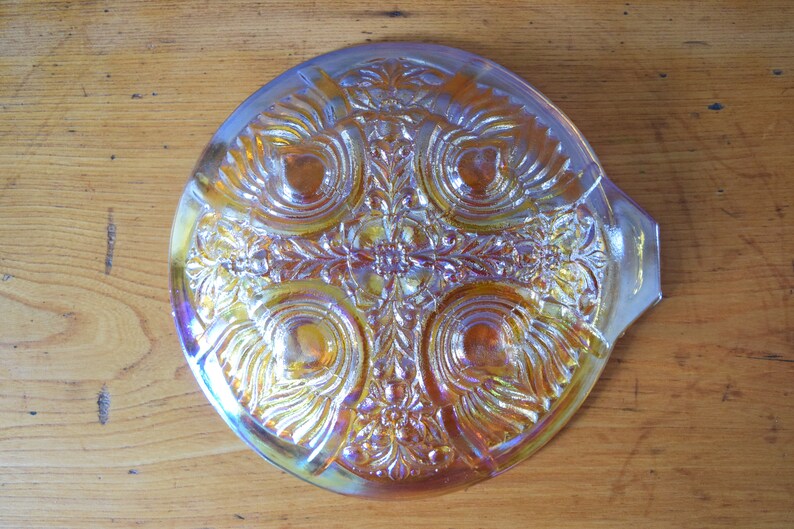 Amber Candy Bowl Slag Carnival Glass Rainbow Divided Serving Dish Collectible Keepsake Mothers Day Gift Present for Him Her Retro image 5