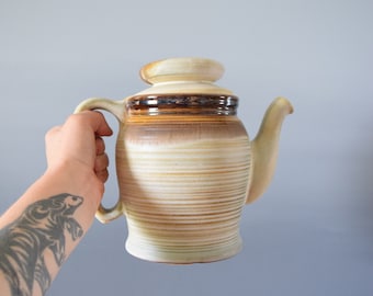 Vintage Handmade Pottery Teapot | Mid Century Modern MCM | Striped Stoneware | Collectible Keepsake | Housewarming Present Gift for Him Her