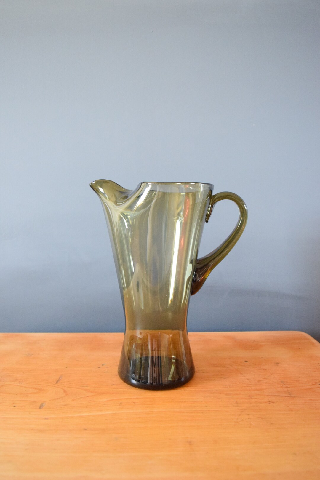 Olive Green Blown Glass Pitcher Handcrafted Jug Etsy