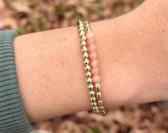 14k Gold Filled stapelbare Armbänder, Pfirsich Mondstein, Aventurin Jade, Erdbeerquarz, minimalistisches Armband für Damen & Kinder