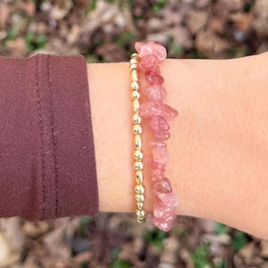 14K Gold Filled Rice & Round Bead Bracelet Set, Natural Gemstone Chip Bracelet Duo, Green Aventurine Strawberry Quartz Rose Quartz