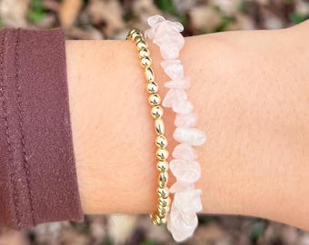 Natürliches Edelstein-Chip-Armband-Set, 14K vergoldete Reis- und runde Perlen, Aventurin, Rosenquarz, Erdbeerquarz