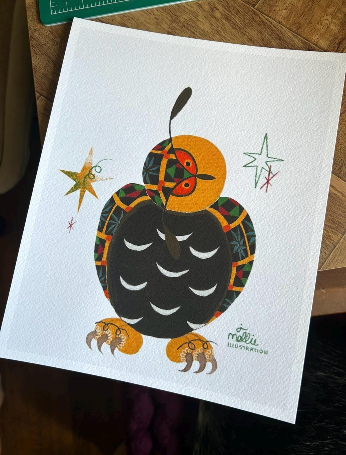 Fine Art Print Folk Art - "Quilted Owl"  8 x 10 - Cold Pressed Craft Paper