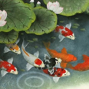 May include: A painting of a pond with lily pads and eight koi fish. The fish are orange, white, and black. The lily pads are green and there are white flowers on the lily pads.