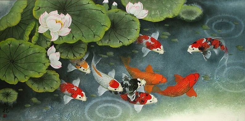 May include: A painting of a pond with lily pads and eight koi fish. The fish are orange, white, and black. The lily pads are green and there are white flowers on the lily pads.