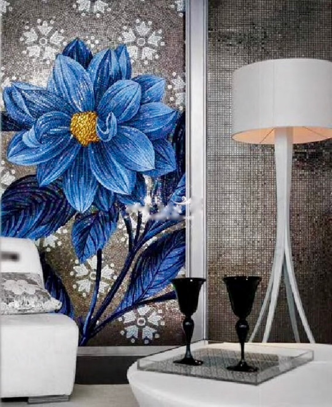 Blue and Silver Bouquet Garden - Azul Mural - Glass Tile Mosaic - Wall ...