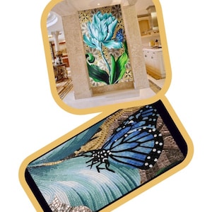 May include: A close-up of a blue and gold mosaic butterfly with black accents. The butterfly is on a blue and gold mosaic background. The image is labeled "PARTIAL".