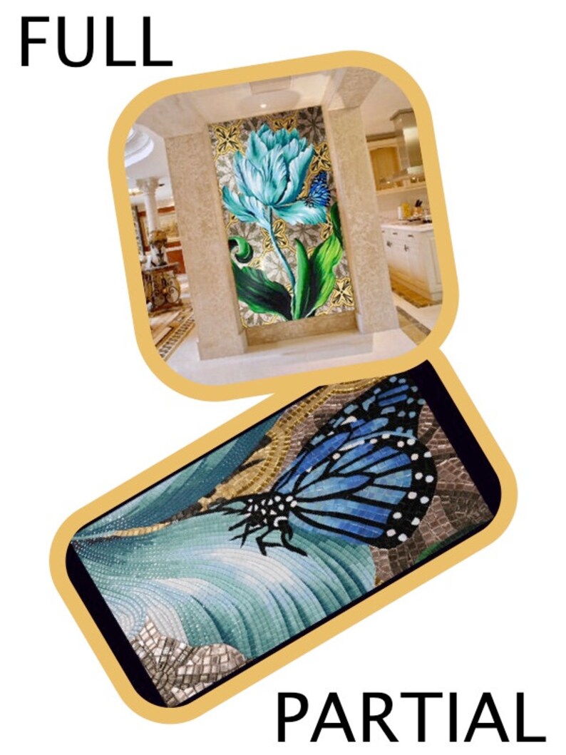 May include: A close-up of a blue and gold mosaic butterfly with black accents. The butterfly is on a blue and gold mosaic background. The image is labeled "PARTIAL".
