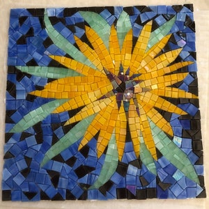 Blue yellow sunflower- Juliet Mural - flowers Glass Mosaic Tile Garden Stepping stone - Floor medallion - wall mural to embellish any space