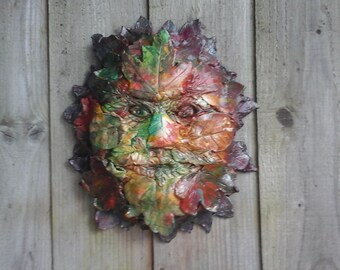 Green Man, sculpture, hand made, wall hanging, pagan, air clay,