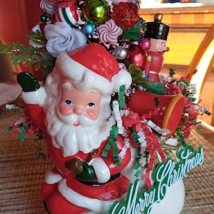 Mid century Relpo ceramic Santa planter one of a kind hand decorated kitschmas tree Christmas bottle brush tree accent piece image 6