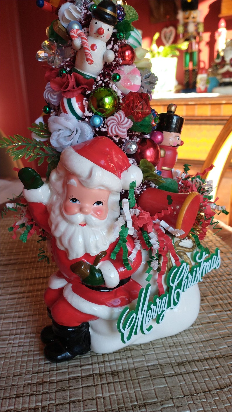 Mid century Relpo ceramic Santa planter one of a kind hand decorated kitschmas tree Christmas bottle brush tree accent piece image 6