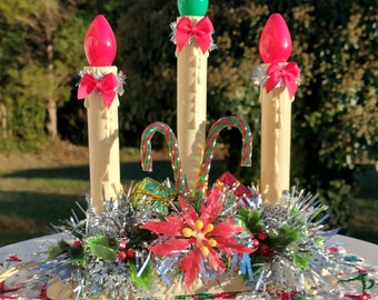 Holiday window sill plug in decoration; Vintage plastic blow mold; upcycled candolier with OOAK festive holiday theme