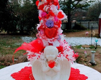 Ceramic angel planter, Valentine's centerpiece; kitsch bottle brush tree topiary; Valentine's Day Tree; OOAK ceramic Valentine Cupid planter
