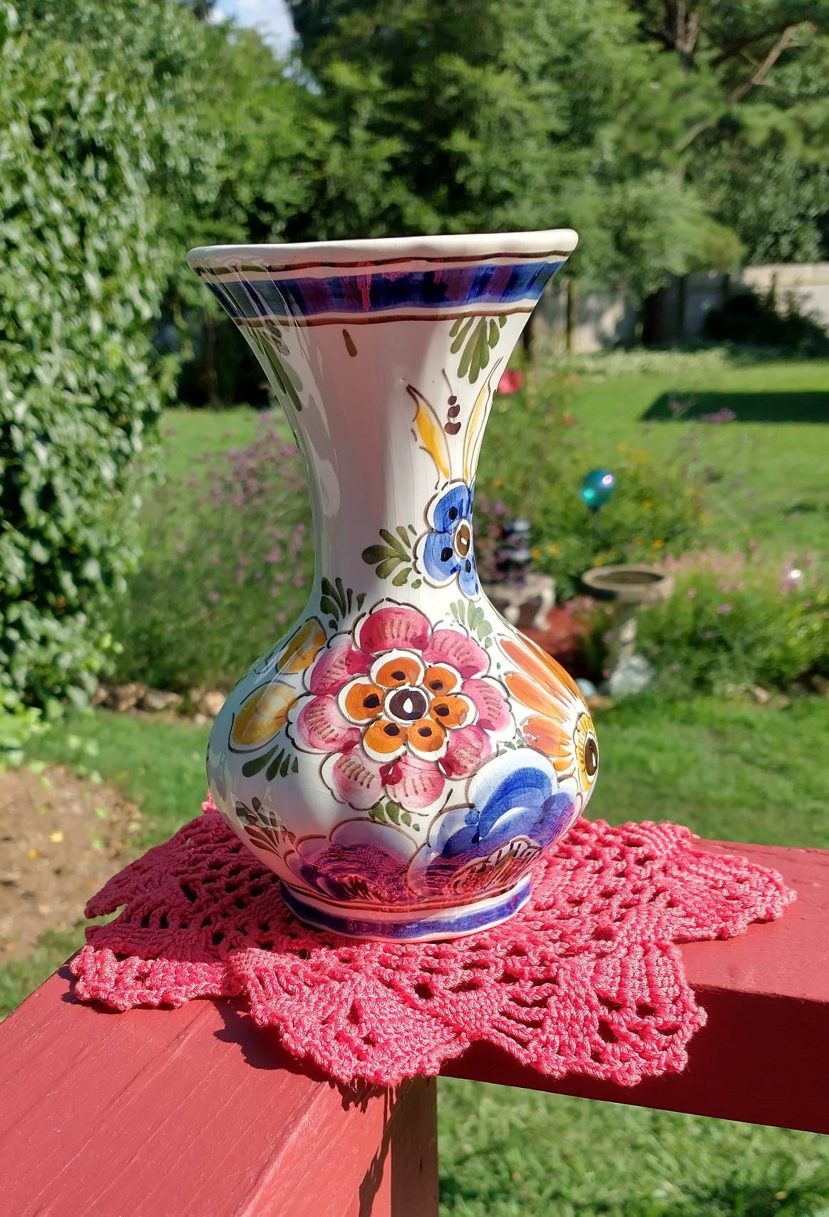Vintage Delft Vase, Hand-painted Polychrome Floral Design, Made in