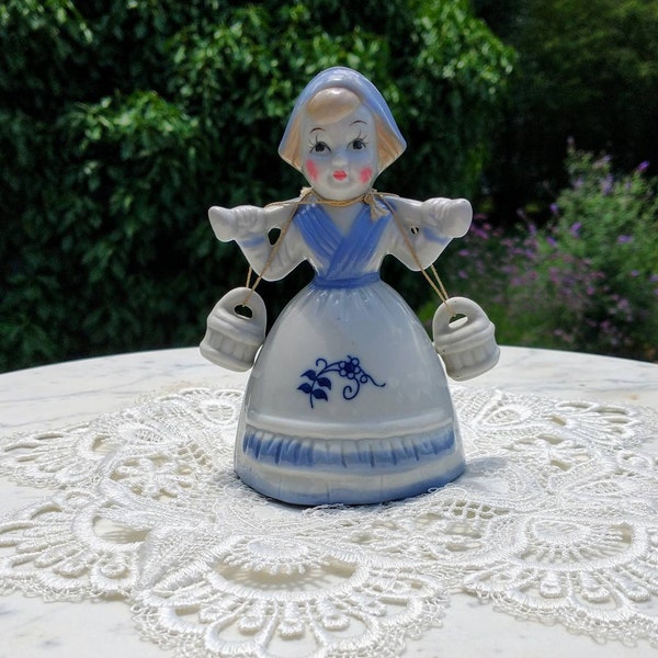 Holland girl balancing yoke, Delft girl figurine with HTF original hanging water buckets, hand painted in Japan blue and white girl figurine