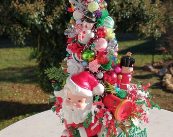 Mid century Relpo ceramic Santa planter; one of a kind hand decorated kitschmas tree;  Christmas bottle brush tree accent piece