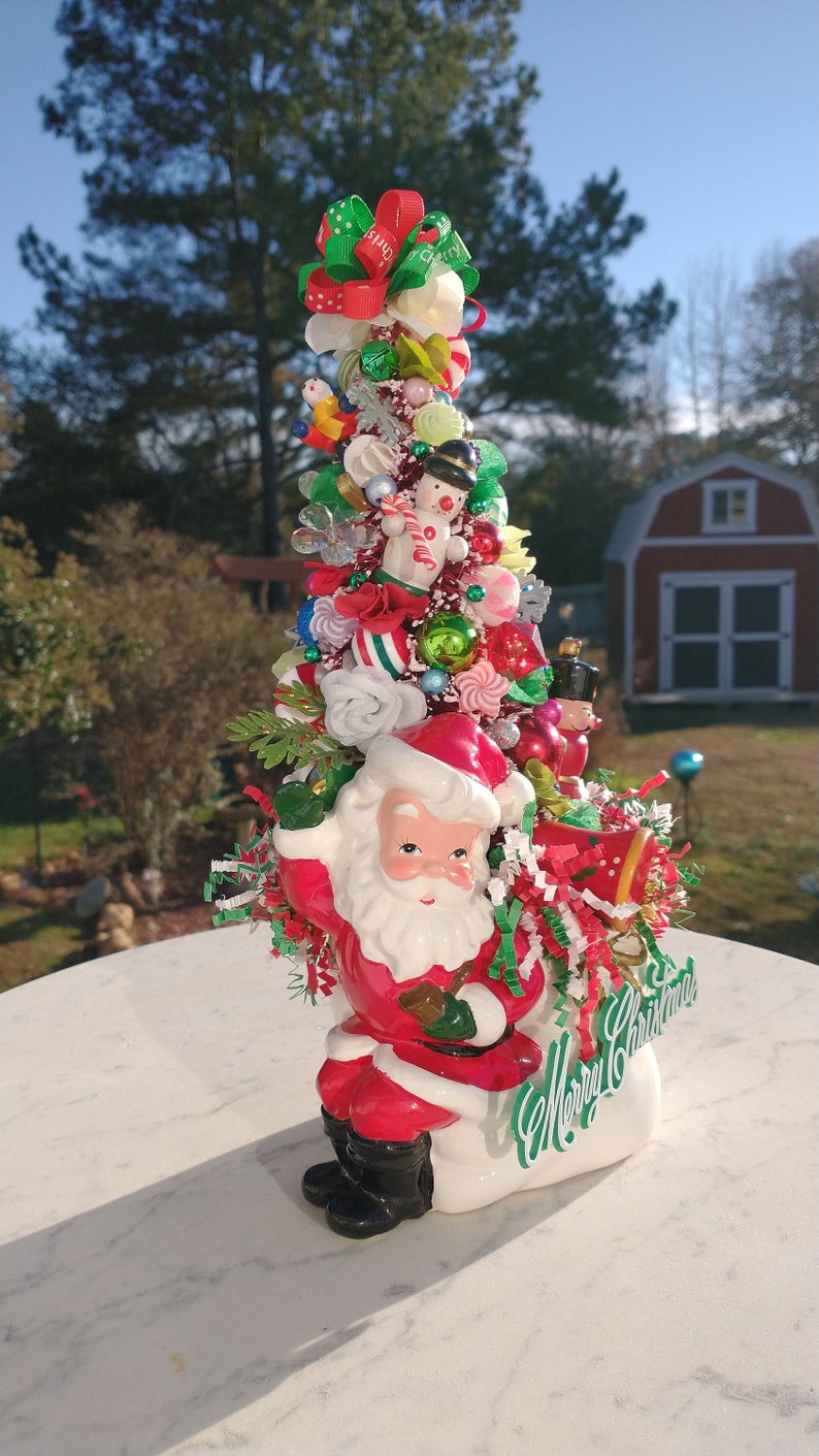 Mid century Relpo ceramic Santa planter one of a kind hand decorated kitschmas tree Christmas bottle brush tree accent piece image 5