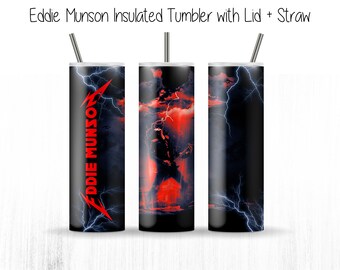 Munson 20oz Straight Stainless Steel Double-wall Tumbler with Metal Straw for and Sliding Lid Mug Tumbler, Stranger Things, Eddie, Demobats