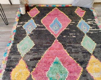 Tapis Boucharouite - 245x136cm // 8x4.4ft - Véritable tapis tribal morrocan tapis béret oushak tapis noir tapis coloré