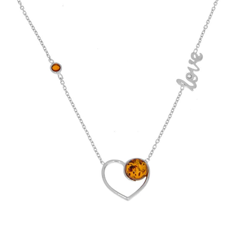 Silver Necklace Heart Love with 2 stones Amber cognac and silver 9251000 rhodi\u00e9 Nature