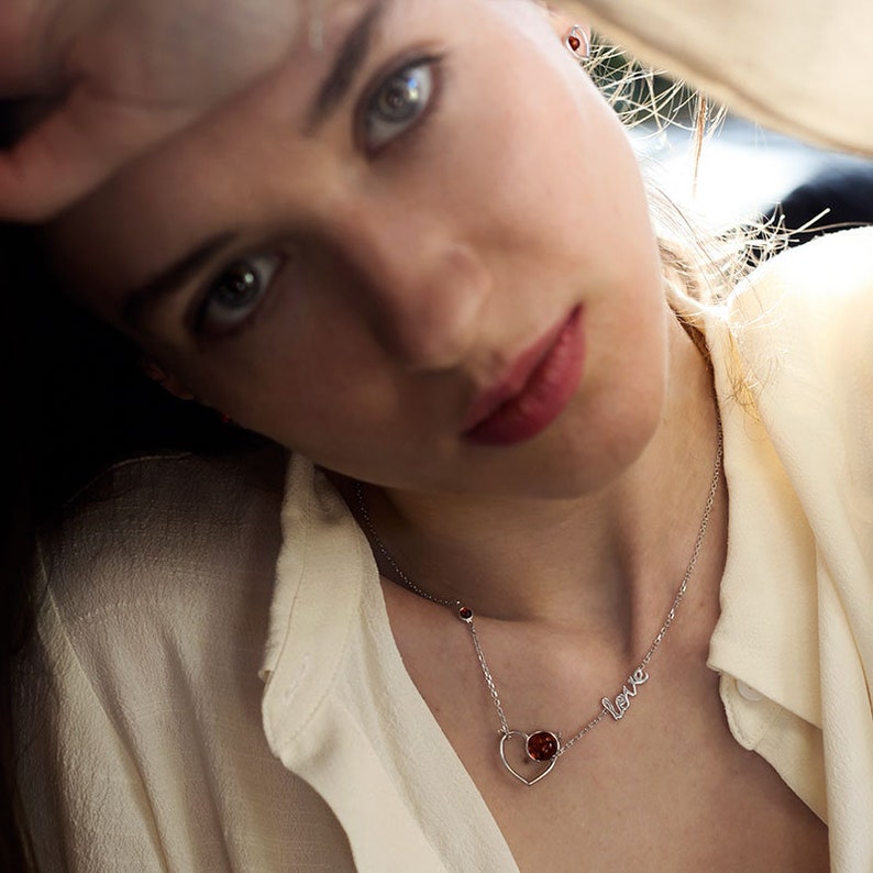 Silver Necklace Heart Love with 2 stones Amber cognac and silver 9251000 rhodi\u00e9 Nature