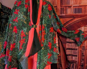 Free Flowing Asymmetrical Front Lightweight Chiffon My Personal Print Jacket, Scarf, Earrings, Mask