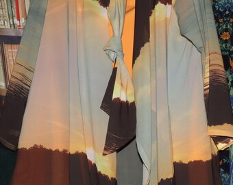 Free Flowing Asymmetrical Front Lightweight Chiffon My Personal Print Jacket, Scarf, Earrings, Mask