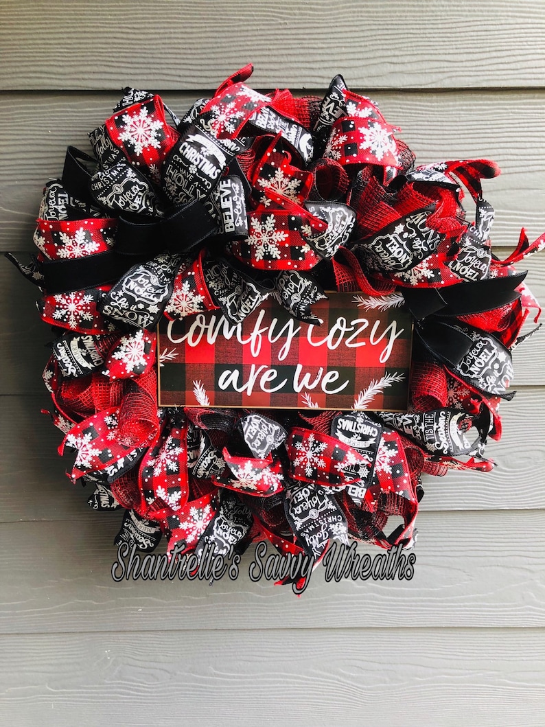 Ready to Ship! Front Door Christmas Christmas Wreath Deco Mesh Wreath Wreaths Black and Red Wreath Buffalo Plaid