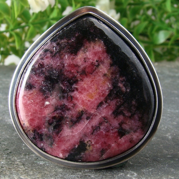 Bague pour cocktail faite main en argent sterling 925 avec rhodonite