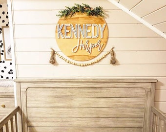 Letrero redondo de madera personalizado de 58 cm para nombre: decoración personalizada para habitación infantil