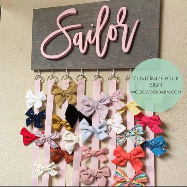 Personalized Wooden Bow Holder with Hooks for Girls| Girl Mom Gift | Hair Bow and Headband Decor|Custom Hair Bows Organizer|Baby Nursery