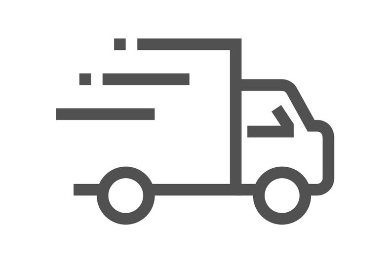 May include: A dark grey minimalist line art icon of a delivery truck facing right. The truck features a simple rectangular cargo box, a cabin with a window, two circular wheels, and three horizontal lines extending from the rear to show motion.