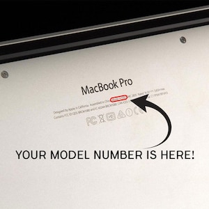 Op de afbeelding: Een close-up van de onderkant van een MacBook Pro. De tekst "MacBook Pro" is zichtbaar, samen met de tekst "YOUR MODEL NUMBER IS HERE!" en een pijl die naar het modelnummer wijst.