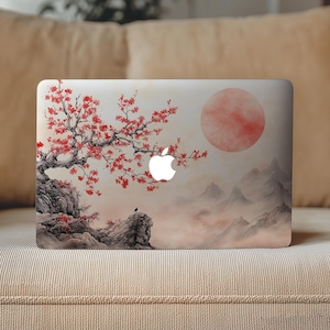 Röd sol akvarell MacBook 15 M4 klistermärke körsbärsblom vinylskin för MacBook Air 13 M1 M2 M3 Pro 14 16 ukiyo-e konst traditionell design 2025