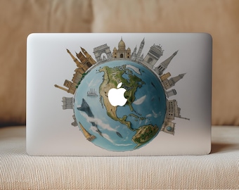 Wereldreiskaart transparante MacBook-skin, doorzichtige vinyl Earth Globe-laptopsticker, landmark Mac Book-sticker, avontuurlijke kunstomslag 13 14 15 16"