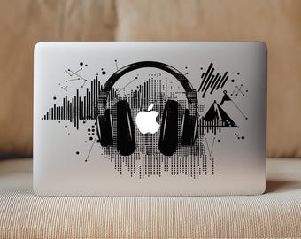 Headphones Transparent MacBook Skin, Clear Vinyl Music Laptop Sticker, Black Audio Wave Graphic minimalist art, Clean Laptop Cover for him