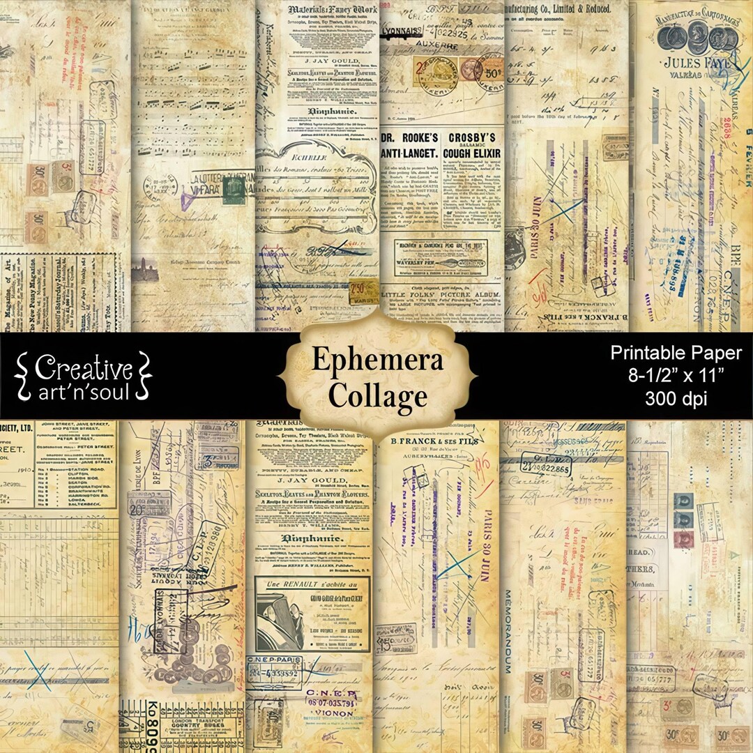 Ephemera Collage Printable Junk Journal Paper Pack, Printable Paper ...