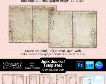 Modelli per Junk Journal, Pagina con sovrapposizioni di giornale decorate 11" x 8.5", Modelli per Photoshop e Canva