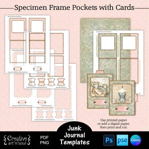 Druckbare Junk Journal Specimen Rahmen Taschen mit Karten Vorlagen, Junk Journal Verzierungen, Vorlagen für Canva und Photoshop