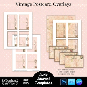 Druckbare Junk Journal Postkarten Vorlagen, Junk Journal Overlays, Vintage Postkarten, Vorlagen für Canva und Photoshop
