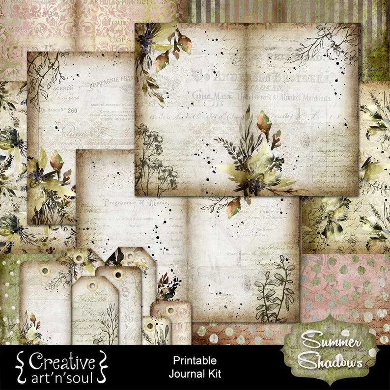 Printable Junk Journal, Digital Journal Kit, Printable Journal Pages, Summer Shadows image 1