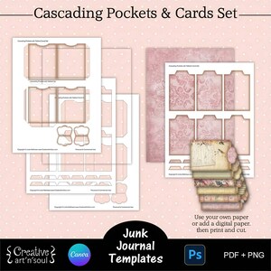 Modelos de bolsos e cartões para diário de lixo para impressão, conjunto de bolsos e cartões em cascata, modelos para Canva e Photoshop