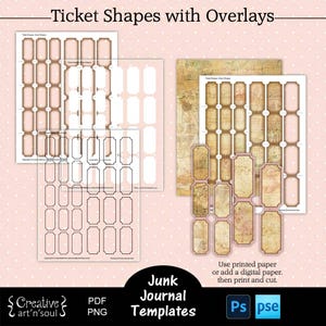 Plantilla de ticket de diario basura imprimible, formas de ticket con superposiciones, material efímero de diario basura, plantillas para Photoshop o Canva