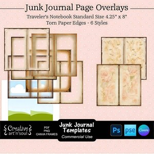 Sjablonen voor Junk Journals, randen met gescheurd papier voor Traveler's Notebooks, sjablonen voor Photoshop en Canva