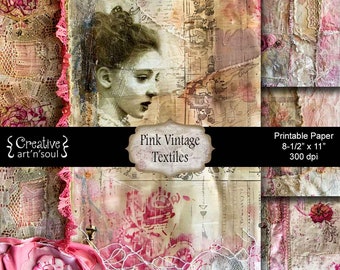 Printable Paper Pack, Digital Paper, Junk Journal Pages, Pink Vintage Textiles
