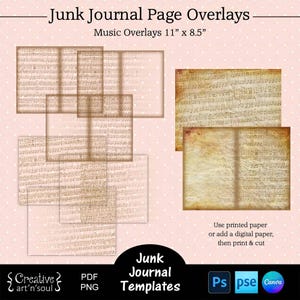 Printable Junk Journal Page Templates,  Junk Journal Music Page Overlays 11&quot; x 8.5&quot;, Templates for Photoshop or Canva